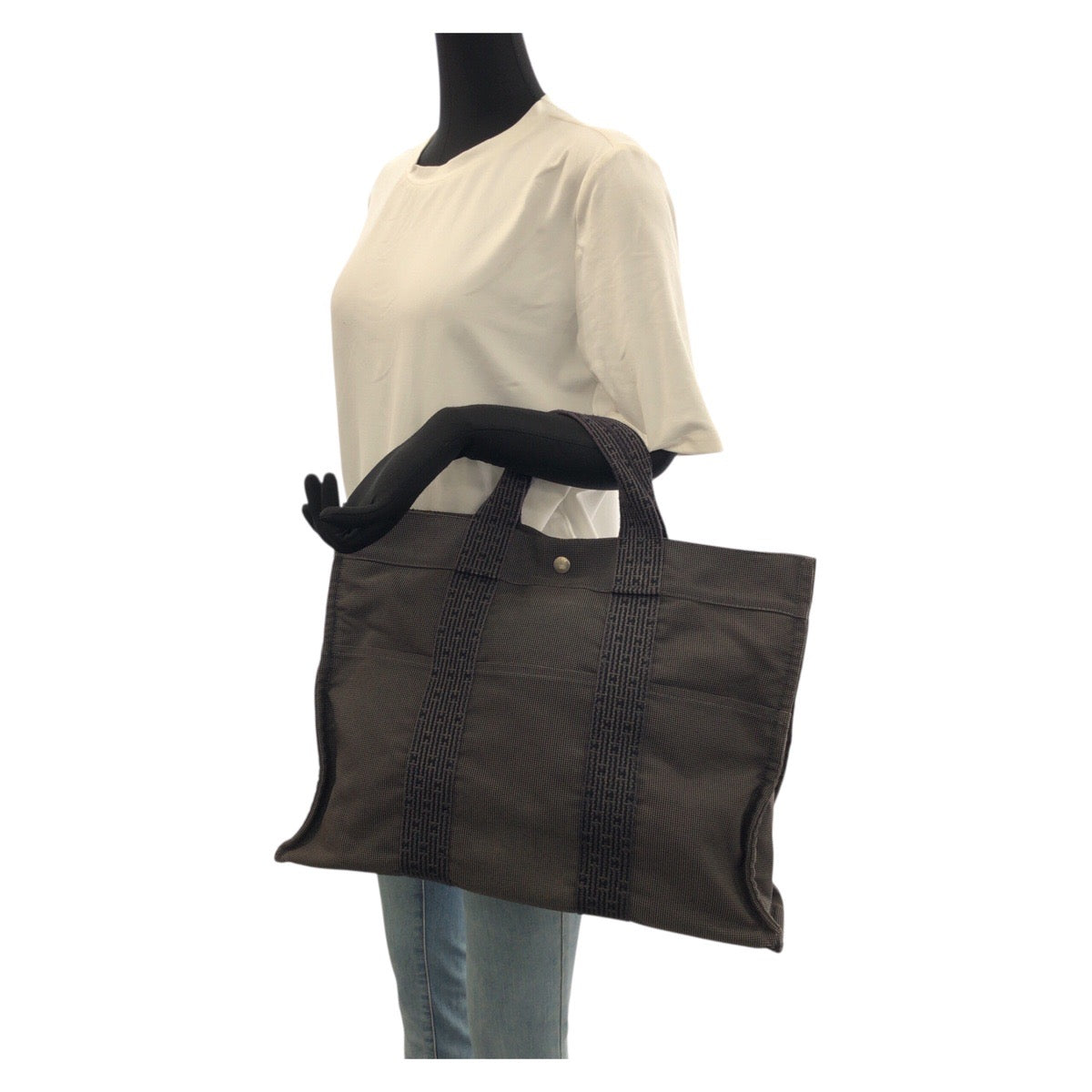 22787
HERMES エルメス エールライン MM グレー シルバー金具 キャンバス トートバッグ 男女兼用 メンズ AB15