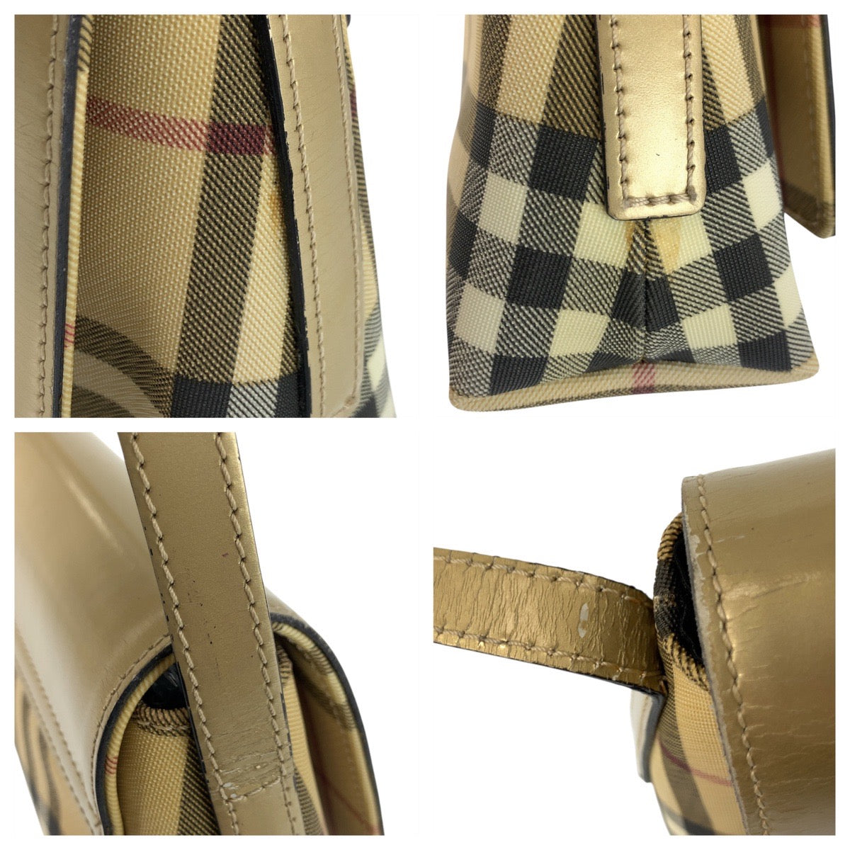 22802
BURBERRY バーバリー チェック柄 ベージュ ゴールド キャンバス / レザー ショルダーバッグ レディース ABP35