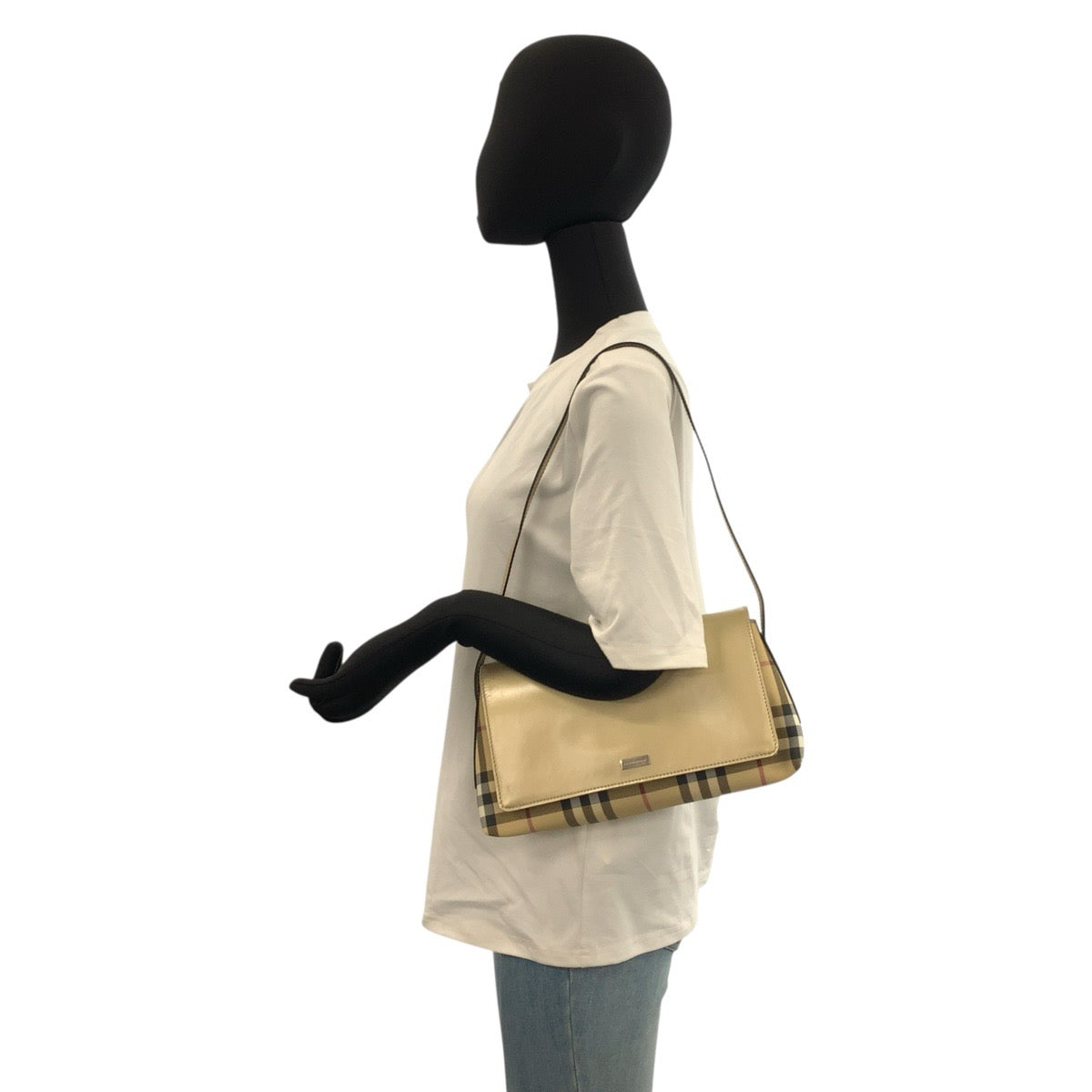 22802
BURBERRY バーバリー チェック柄 ベージュ ゴールド キャンバス / レザー ショルダーバッグ レディース ABP35