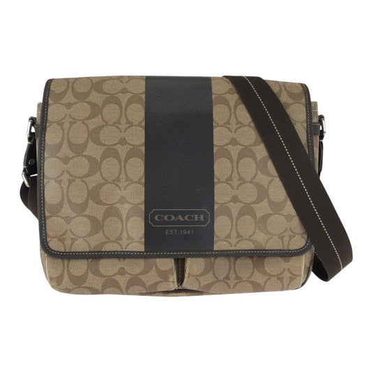 22804
COACH コーチ シグネチャー ブラウン ベージュ シルバー金具 PVC / レザー F70590 ショルダーバッグ メッセンジャーバッグ 男女兼用 レディース AB10