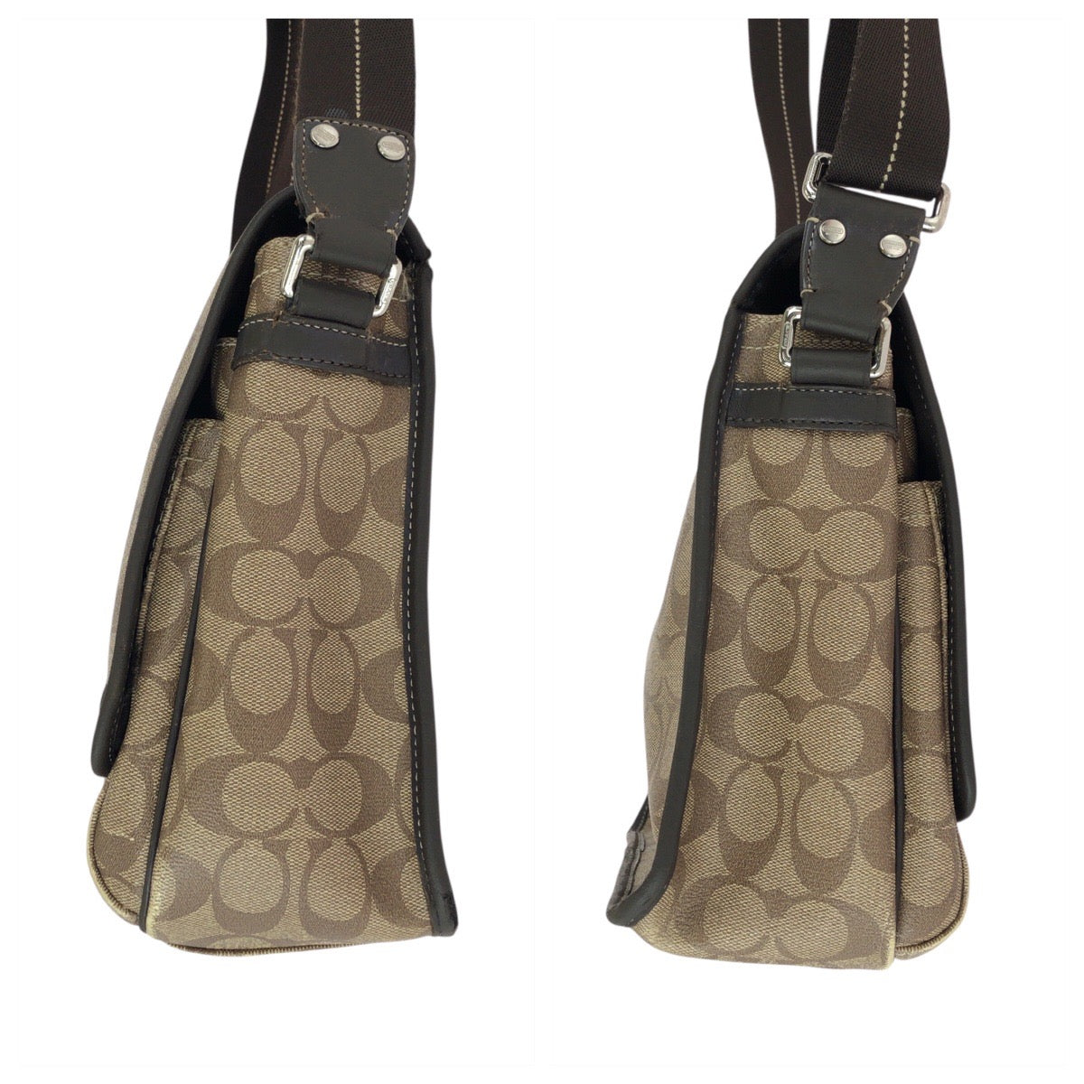 22804
COACH コーチ シグネチャー ブラウン ベージュ シルバー金具 PVC / レザー F70590 ショルダーバッグ メッセンジャーバッグ 男女兼用 レディース AB10