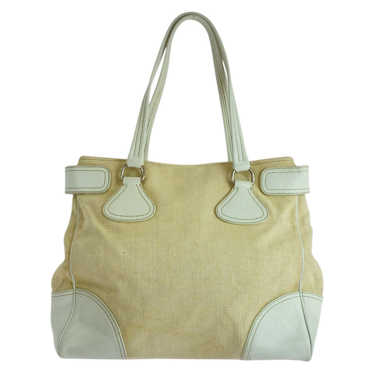 22866
PRADA Triangle Logo Plate White Ivory Canvas / Leather Tote Bag Shoulder Bag Ladies AB27