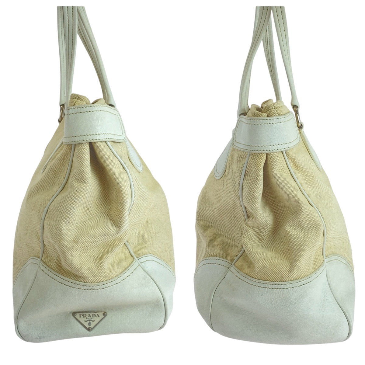 22866
PRADA Triangle Logo Plate White Ivory Canvas / Leather Tote Bag Shoulder Bag Ladies AB27