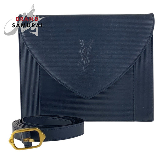 22885
YVES SAINT LAURENT イヴ サンローラン ロゴ型押し ブラック 黒 シルバー金具 レザー ショルダーバッグ 肩掛け レディース AB40