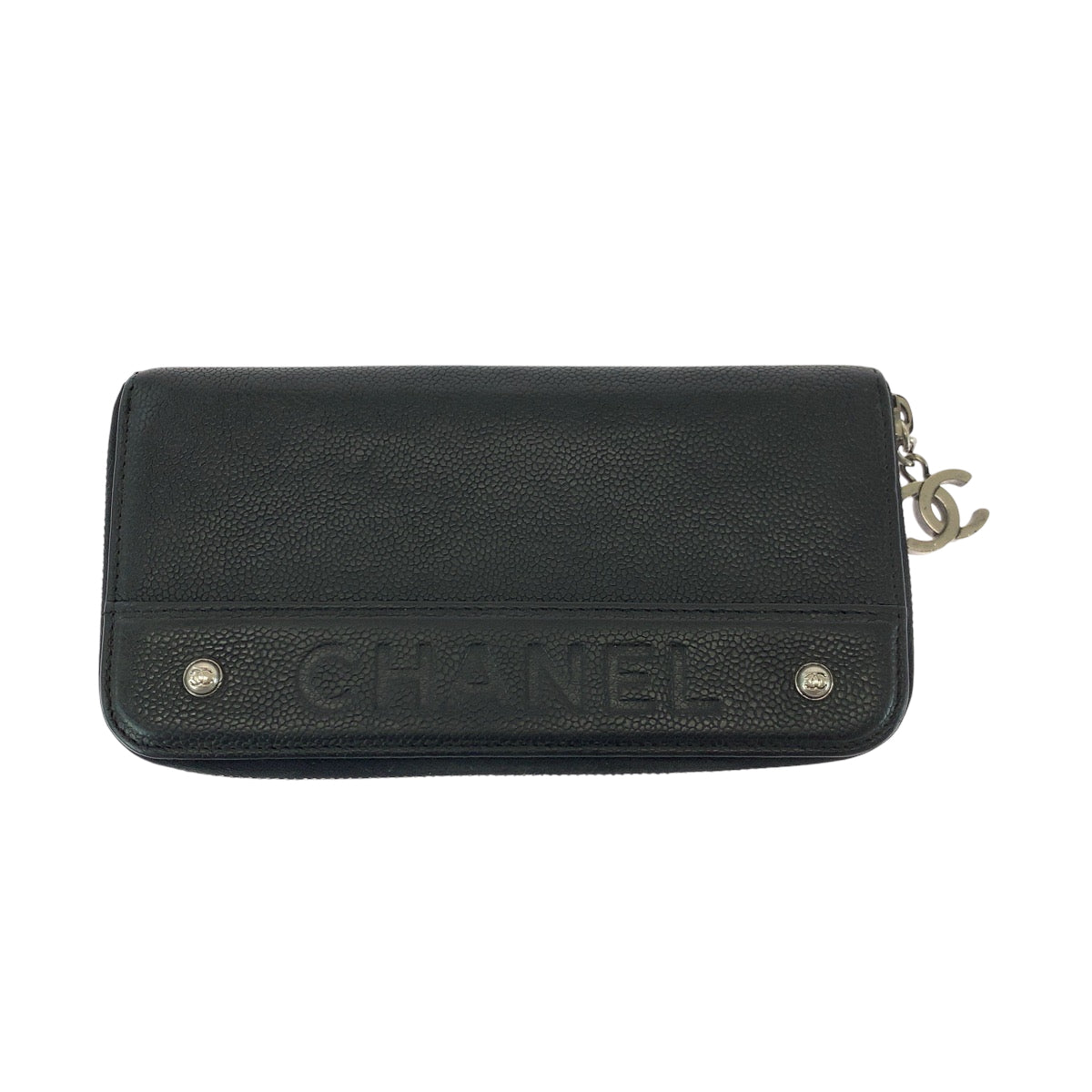 22896
CHANEL Coco Mark Black Silver Hardware Caviar Skin Long Wallet Round Zipper Women's AB48