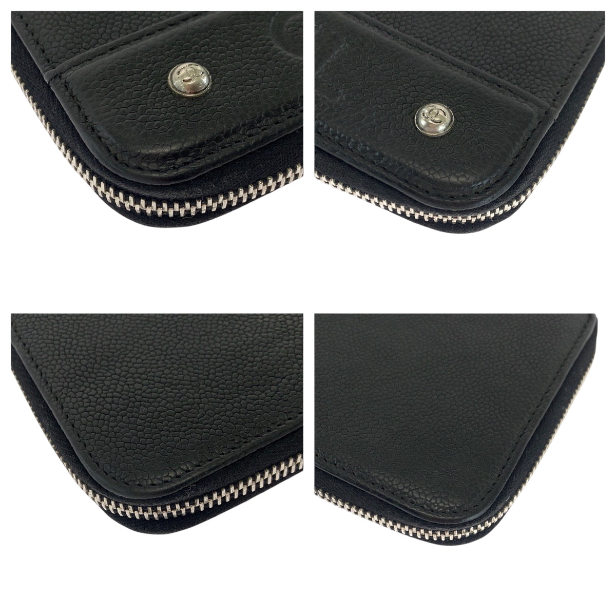 22896
CHANEL Coco Mark Black Silver Hardware Caviar Skin Long Wallet Round Zipper Women's AB48