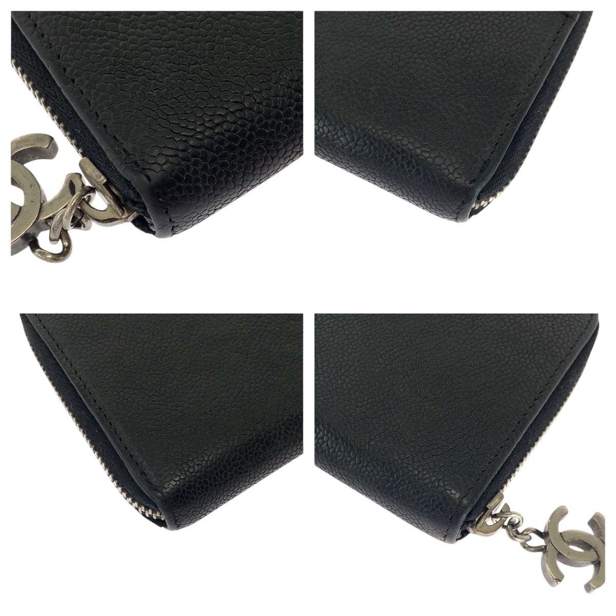 22896
CHANEL Coco Mark Black Silver Hardware Caviar Skin Long Wallet Round Zipper Women's AB48