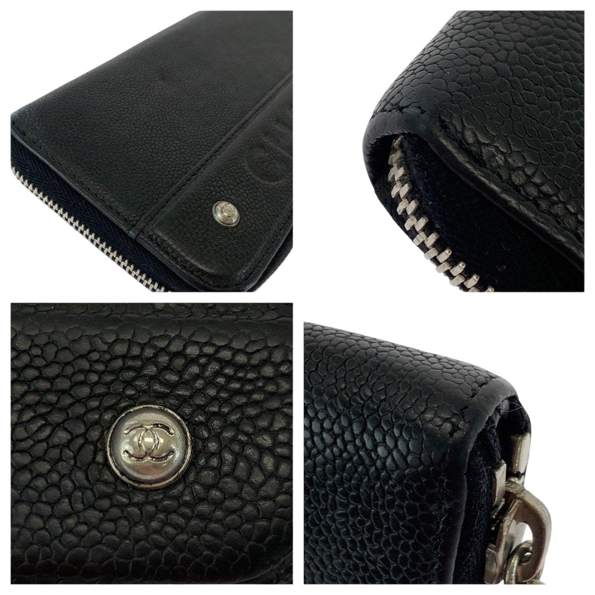 22896
CHANEL Coco Mark Black Silver Hardware Caviar Skin Long Wallet Round Zipper Women's AB48