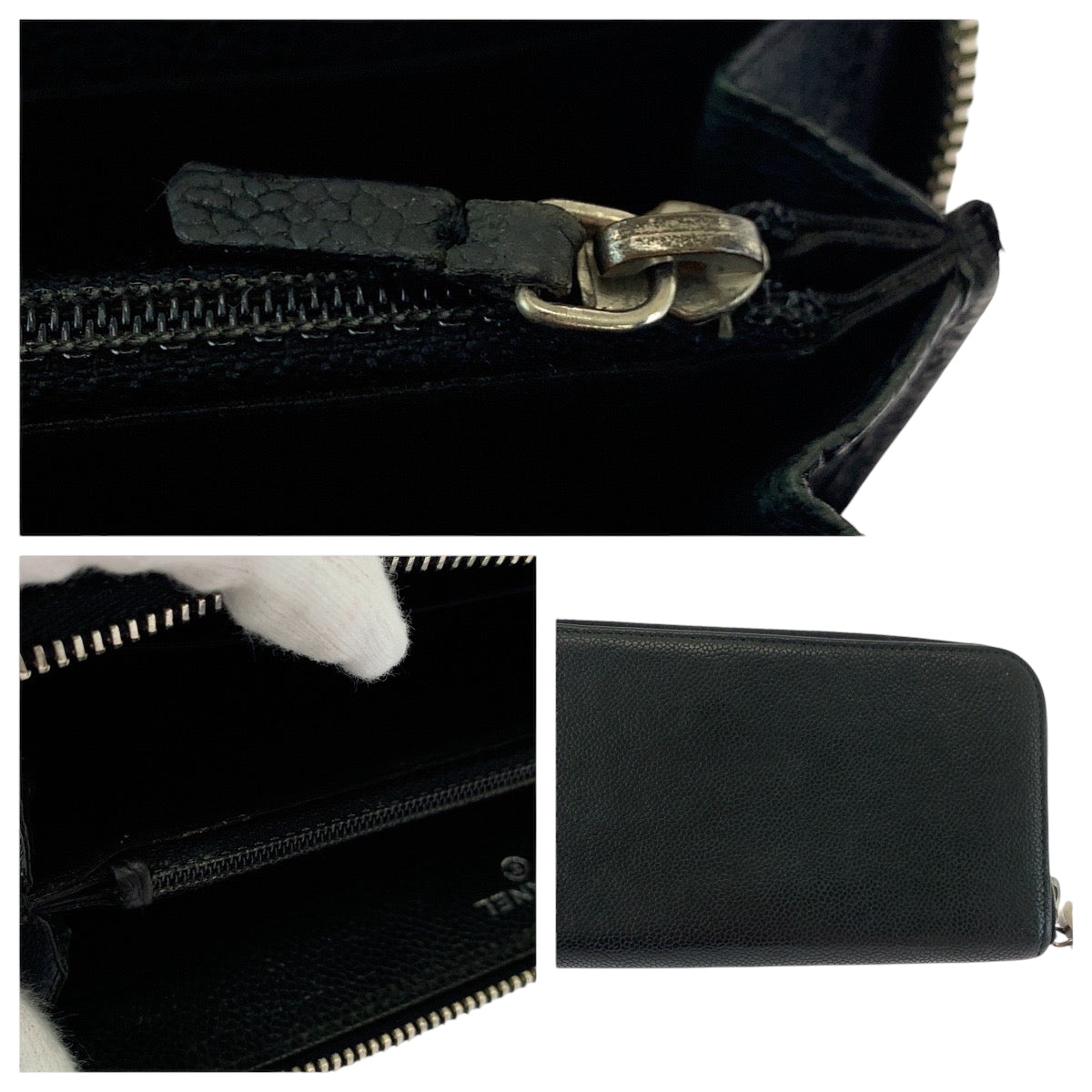 22896
CHANEL Coco Mark Black Silver Hardware Caviar Skin Long Wallet Round Zipper Women's AB48