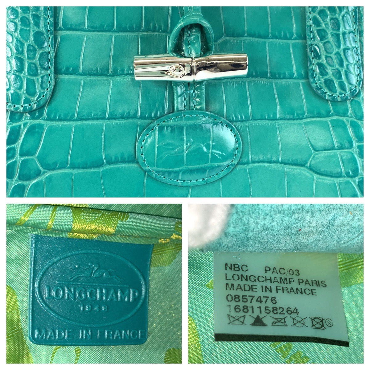 22919
Longchamp ロンシャン ロゾ 型押し エメラルドグリーン シルバー金具 レザー 1681158264 トートバッグ ハンドバッグ レディース A21