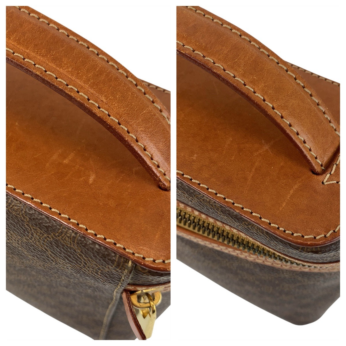 22963
CELINE セリーヌ マカダム ブラウン ゴールド金具 PVC / レザー MC96 ハンドバッグ バニティバッグ レディース ABP21