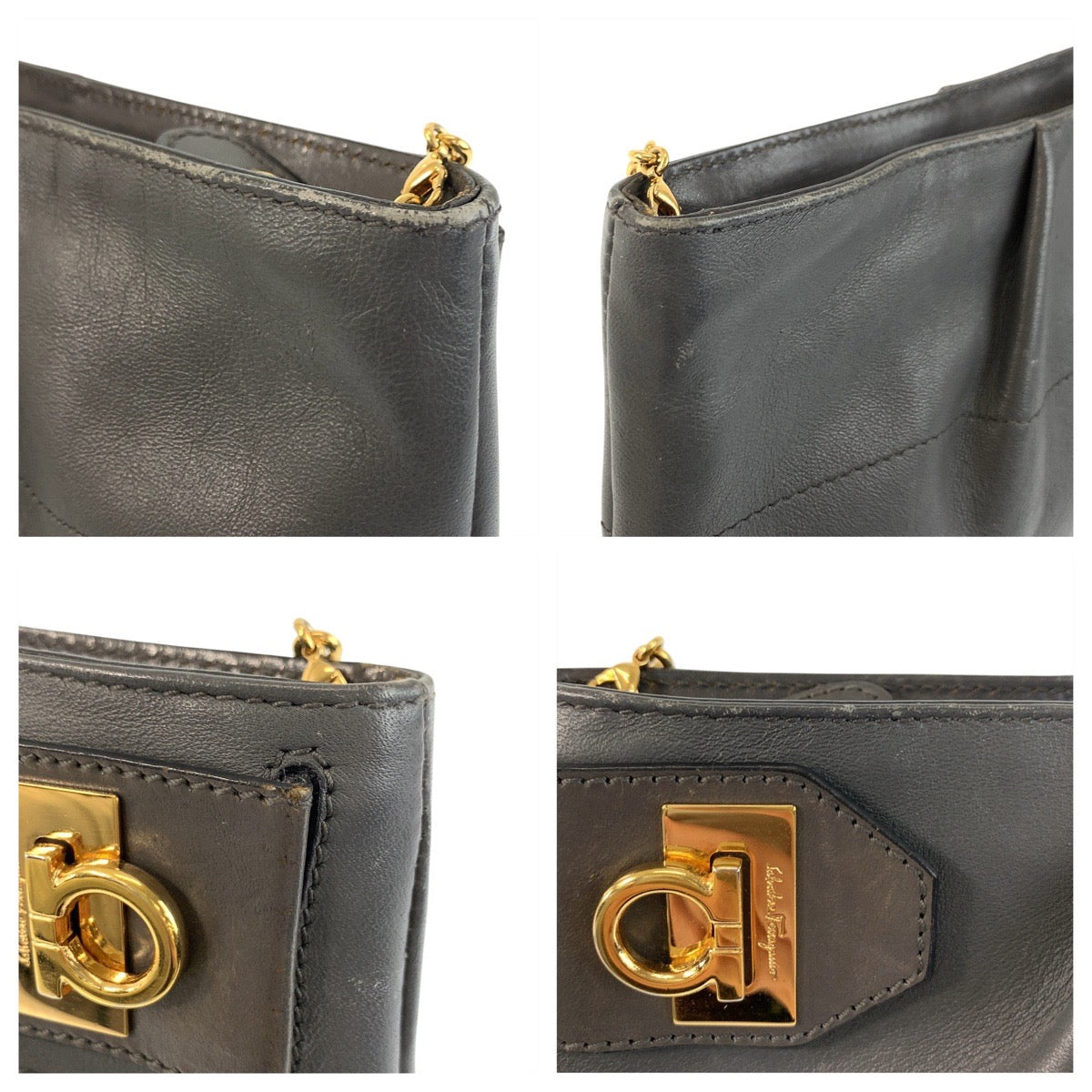 22971
Salvatore Ferragamo Gancini Grey Gold Hardware Leather AU-22/B588 Chain Shoulder Bag Pochette Ladies ABP21