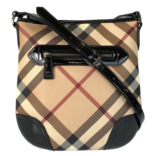 22981
BURBERRY バーバリー チェック柄 ベージュ ブラック ガンメタ金具 PVC / パテントレザー ショルダーバッグ メッセンジャーバッグ レディース AB21