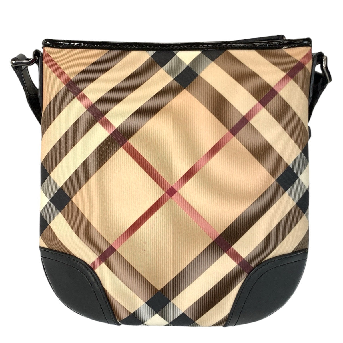 22981
BURBERRY バーバリー チェック柄 ベージュ ブラック ガンメタ金具 PVC / パテントレザー ショルダーバッグ メッセンジャーバッグ レディース AB21