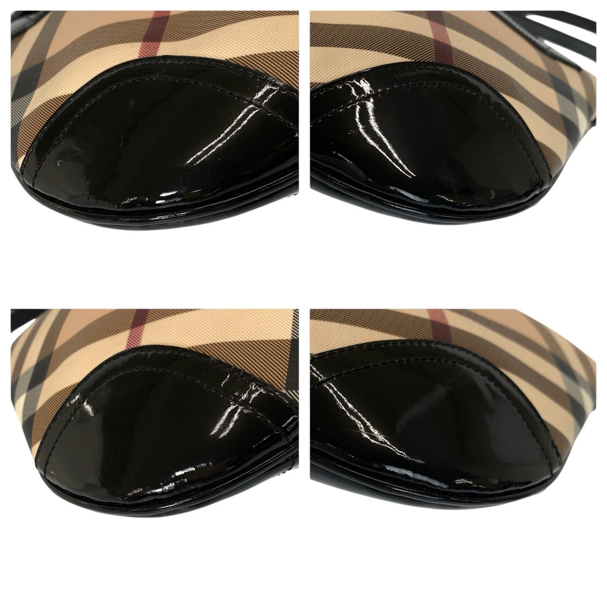 22981
BURBERRY バーバリー チェック柄 ベージュ ブラック ガンメタ金具 PVC / パテントレザー ショルダーバッグ メッセンジャーバッグ レディース AB21