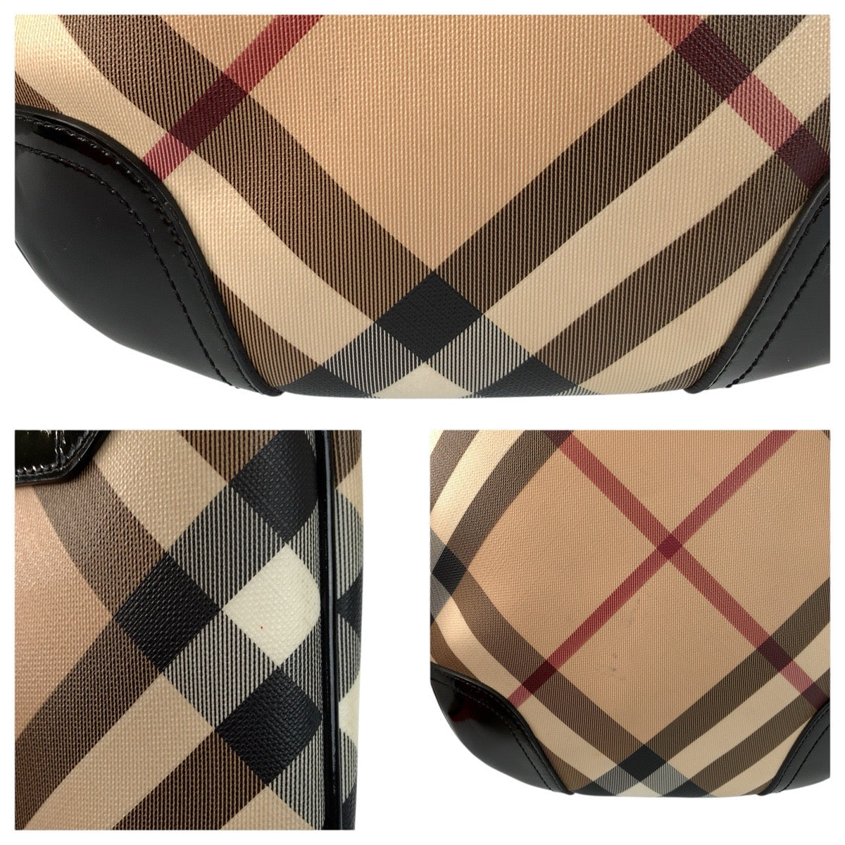 22981
BURBERRY バーバリー チェック柄 ベージュ ブラック ガンメタ金具 PVC / パテントレザー ショルダーバッグ メッセンジャーバッグ レディース AB21