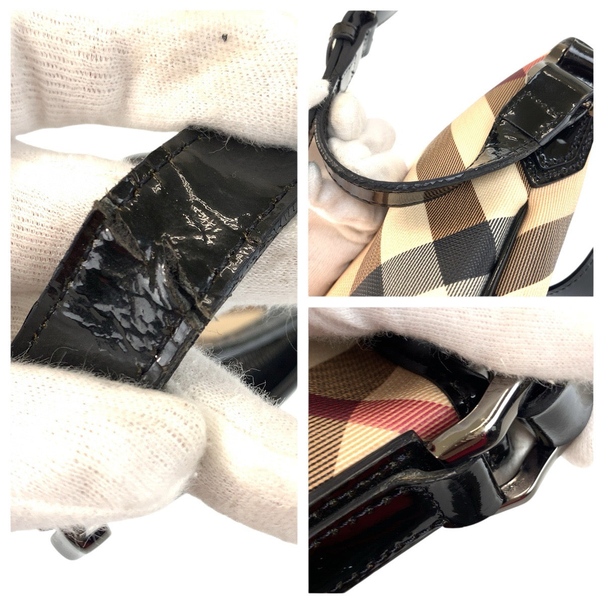 22981
BURBERRY バーバリー チェック柄 ベージュ ブラック ガンメタ金具 PVC / パテントレザー ショルダーバッグ メッセンジャーバッグ レディース AB21