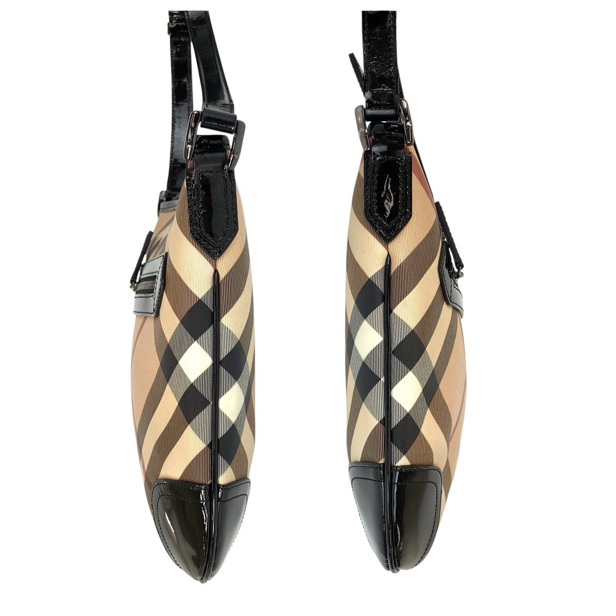 22981
BURBERRY バーバリー チェック柄 ベージュ ブラック ガンメタ金具 PVC / パテントレザー ショルダーバッグ メッセンジャーバッグ レディース AB21