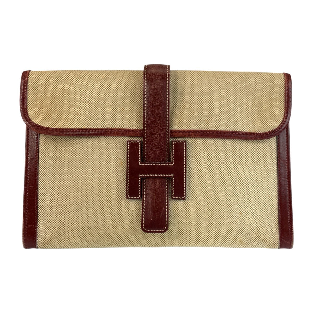 22993
HERMES H logo Jige PM Beige Rouge H Toile H / Leather Clutch Bag Pouch Ladies AB35