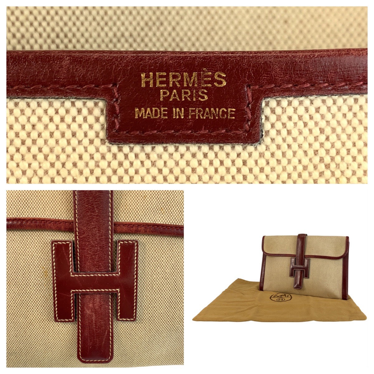 22993
HERMES H logo Jige PM Beige Rouge H Toile H / Leather Clutch Bag Pouch Ladies AB35