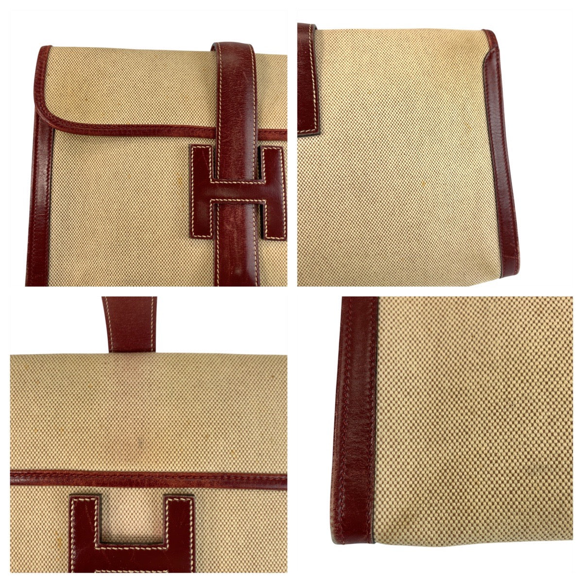 22993
HERMES H logo Jige PM Beige Rouge H Toile H / Leather Clutch Bag Pouch Ladies AB35