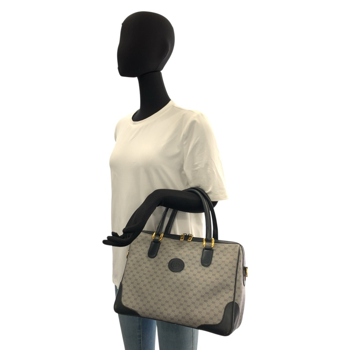 23003
GUCCI グッチ ヴィンテージ マイクロGG グレー ネイビー ゴールド金具 PVC / レザー 002 122 0033 ハンドバッグ ボストンバッグ レディース AB28