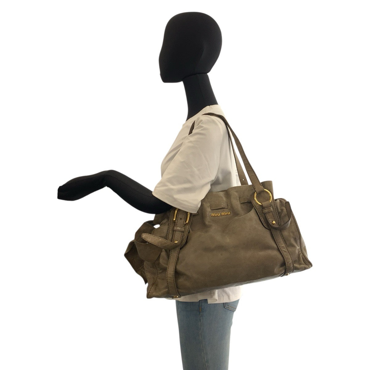 23017
MIUMIU ミュウミュウ サイドリボン カーキ ゴールド金具 レザー トートバッグ ショルダーバッグ レディース B10