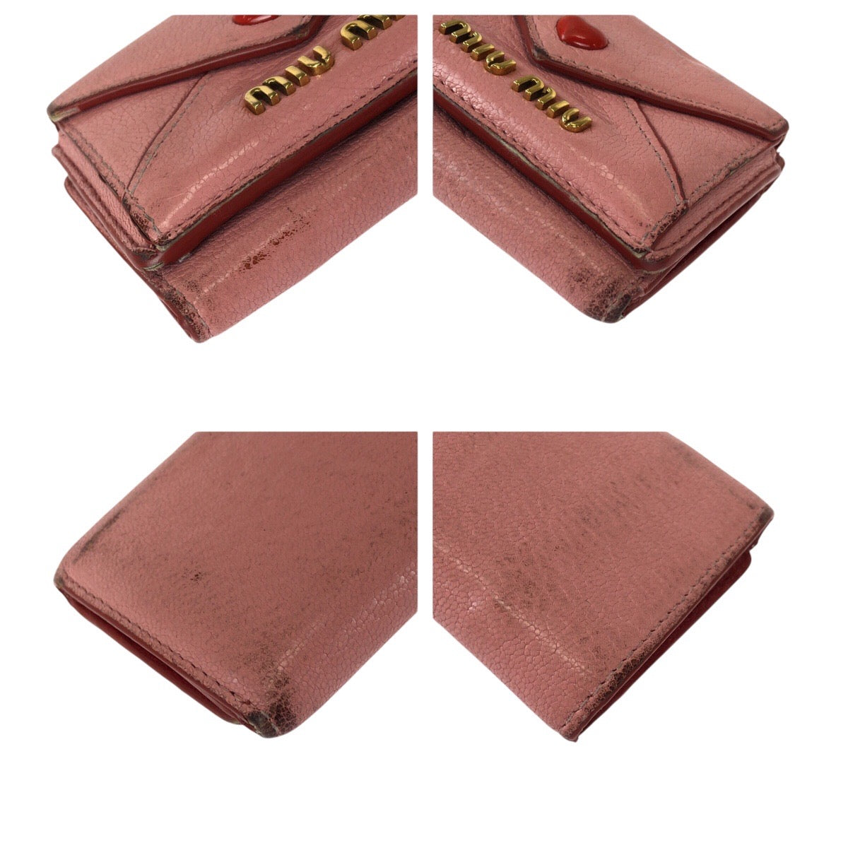 23036
MIUMIU Miu Miu Madras Love Pink Red Gold Hardware Leather Bi-fold Wallet Compact Wallet Women's B5