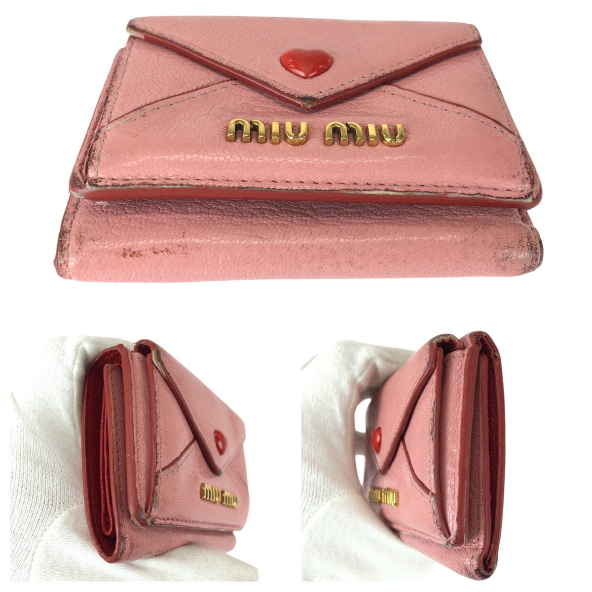 23036
MIUMIU Miu Miu Madras Love Pink Red Gold Hardware Leather Bi-fold Wallet Compact Wallet Women's B5