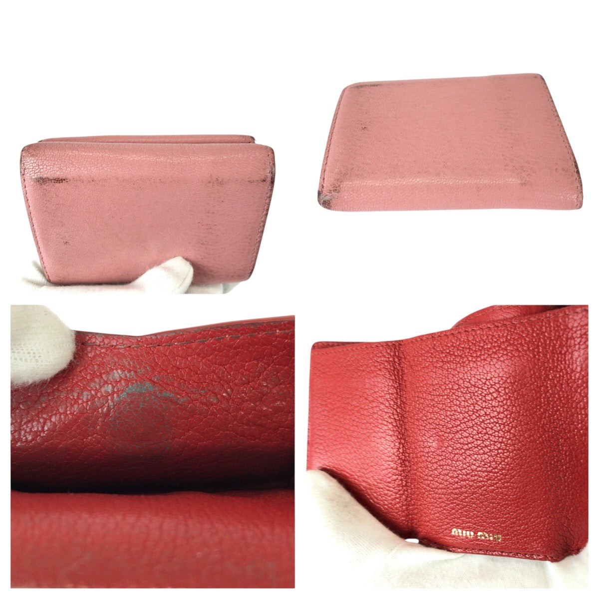 23036
MIUMIU Miu Miu Madras Love Pink Red Gold Hardware Leather Bi-fold Wallet Compact Wallet Women's B5