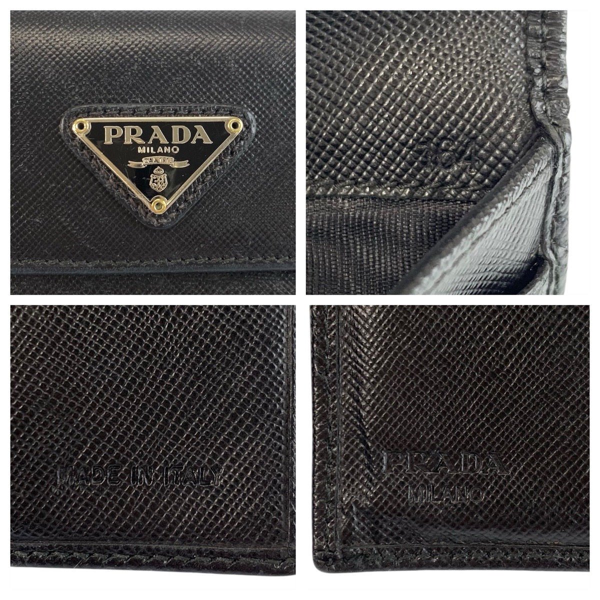 23038
PRADA プラダ サフィアーノ 三角ロゴプレート ブラック 黒 シルバー金具 レザー 折財布 コンパクトウォレット レディース AB8