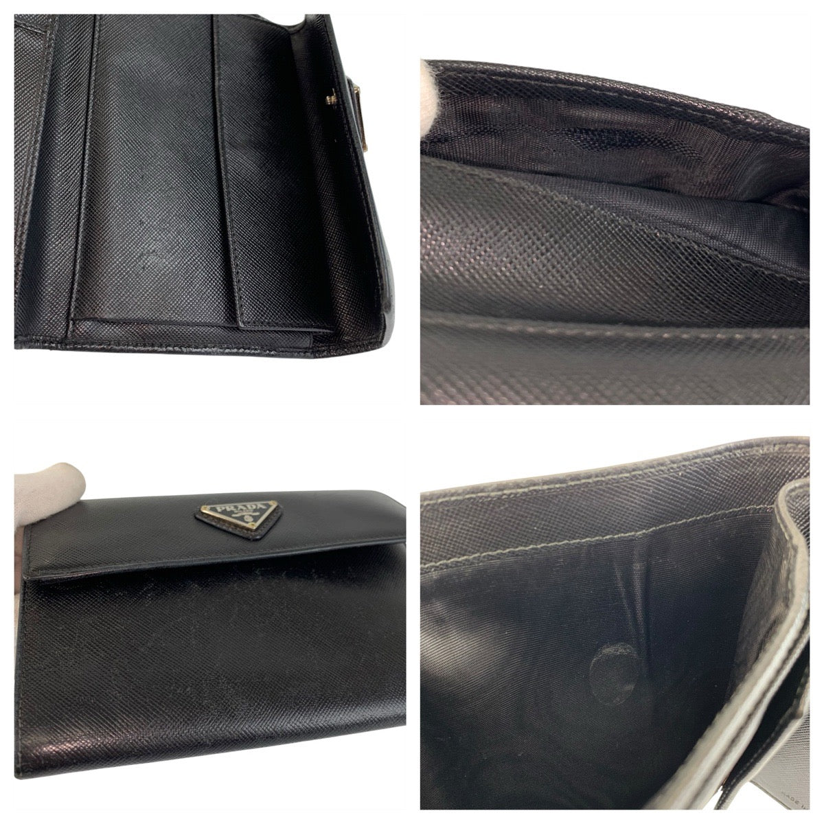 23038
PRADA プラダ サフィアーノ 三角ロゴプレート ブラック 黒 シルバー金具 レザー 折財布 コンパクトウォレット レディース AB8