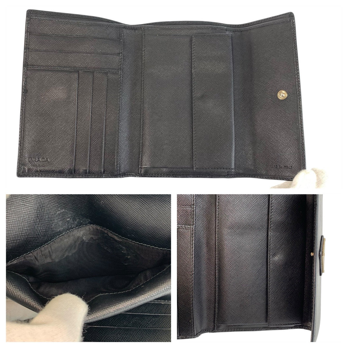 23038
PRADA プラダ サフィアーノ 三角ロゴプレート ブラック 黒 シルバー金具 レザー 折財布 コンパクトウォレット レディース AB8