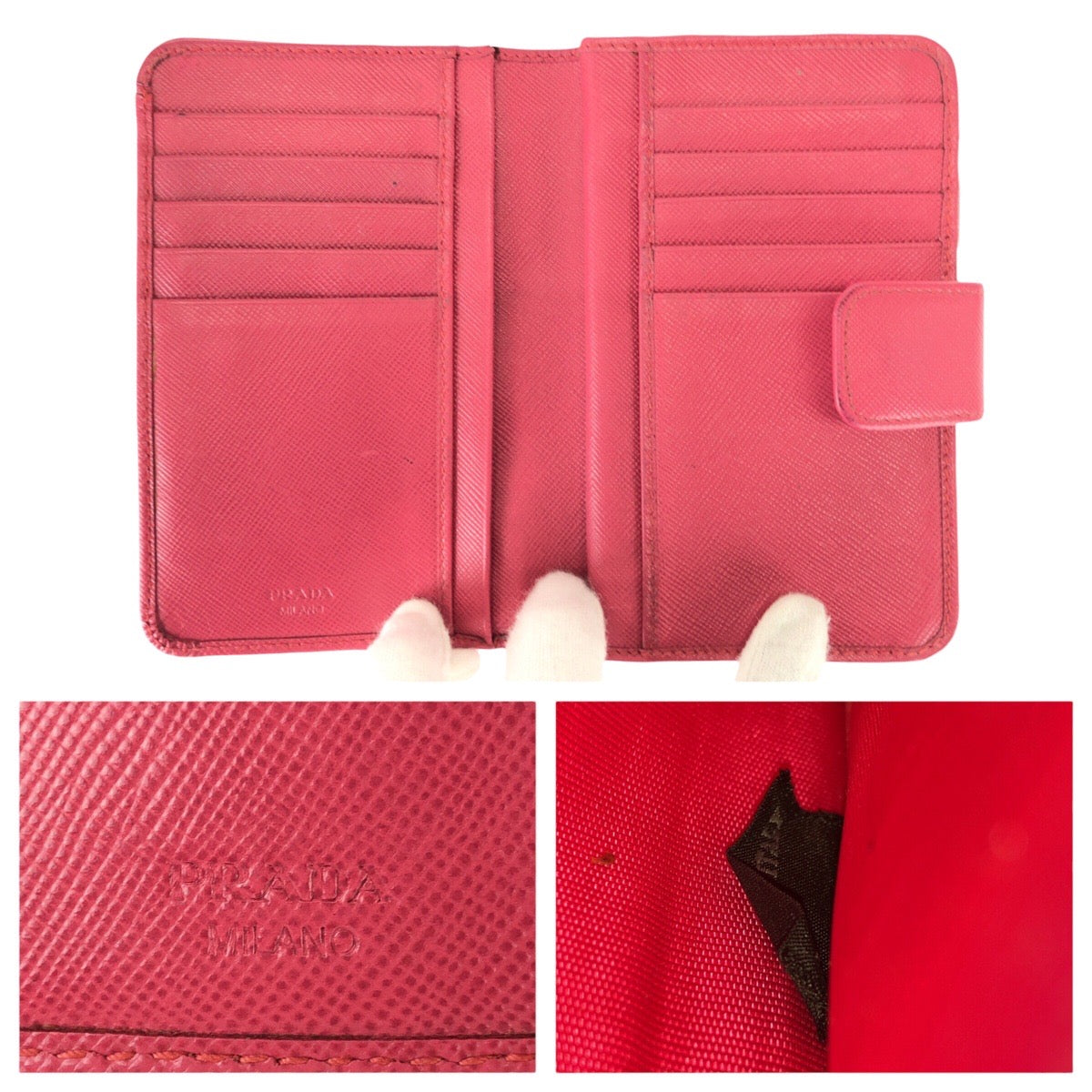 23039
PRADA プラダ サフィアーノ ピンク ゴールド金具 レザー 折財布 コンパクトウォレット レディース AB10