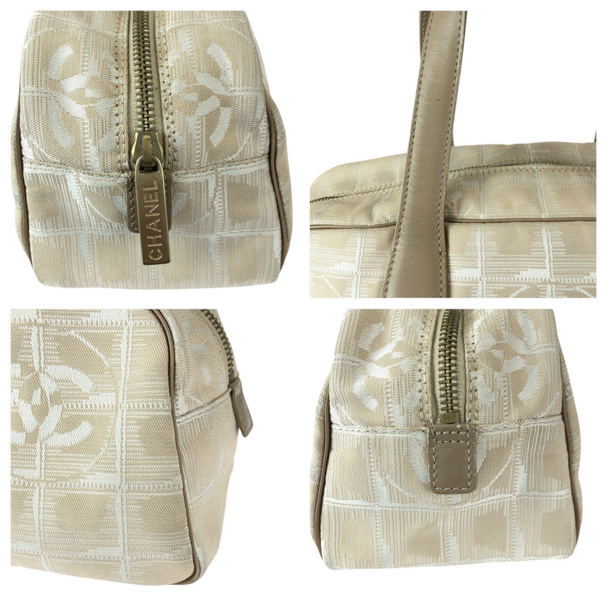 23042
CHANEL New Travel Line Beige Gold Hardware Nylon / Leather Handbag Mini Boston Bag Ladies AB28
