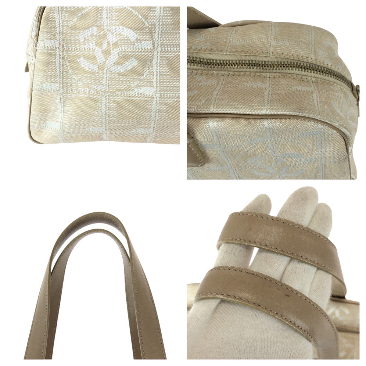 23042
CHANEL New Travel Line Beige Gold Hardware Nylon / Leather Handbag Mini Boston Bag Ladies AB28