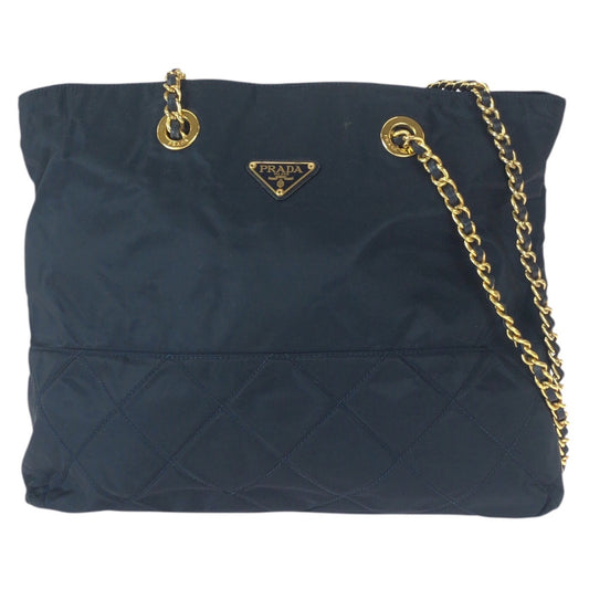 23066
PRADA Tessuto Triangle Logo Plate Dark Navy Gold Hardware Nylon Chain Shoulder Bag Tote Bag Ladies AB