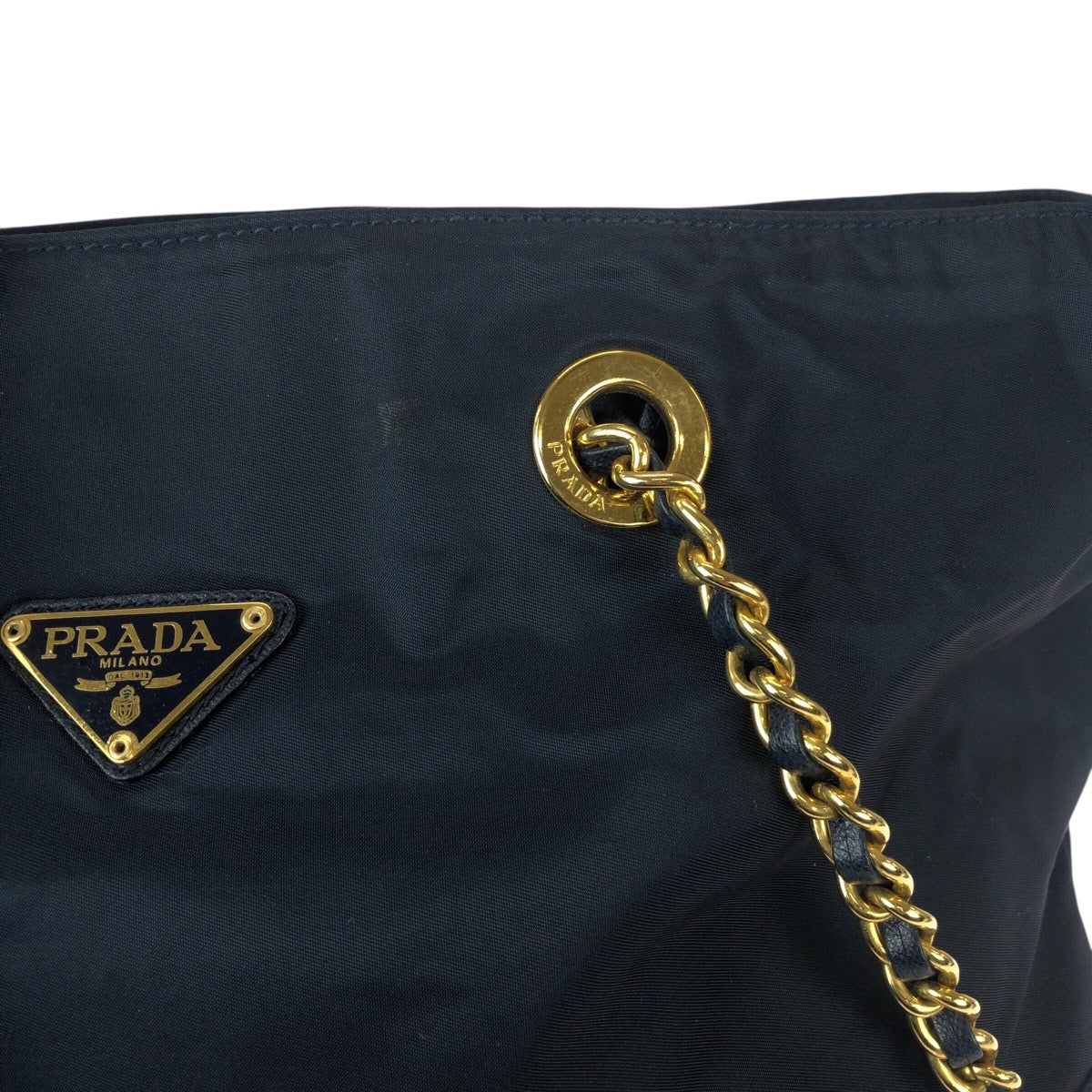 23066
PRADA プラダ テスート 三角ロゴプレート ダークネイビー ゴールド金具 ナイロン チェーンショルダーバッグ トートバッグ レディース AB