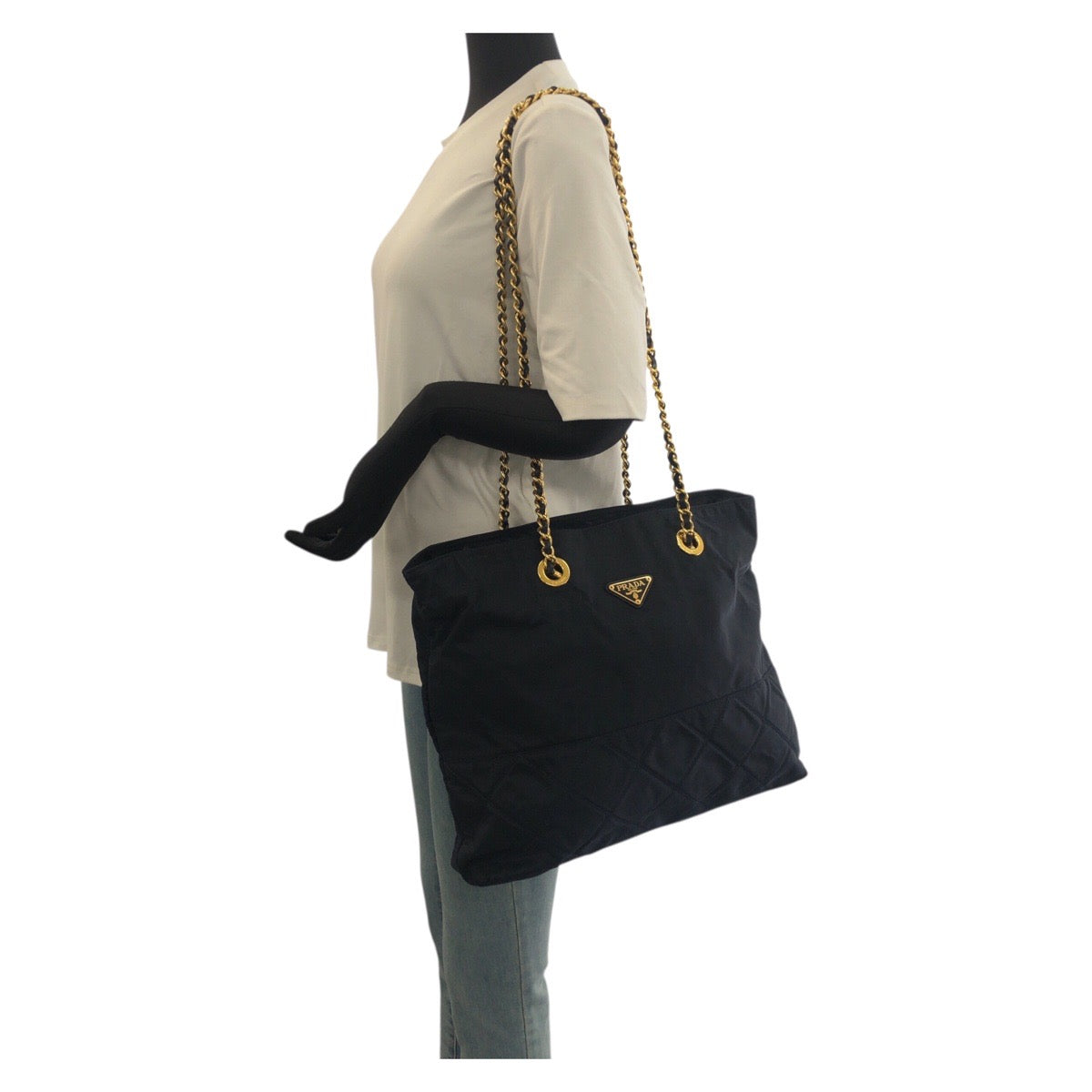 23066
PRADA プラダ テスート 三角ロゴプレート ダークネイビー ゴールド金具 ナイロン チェーンショルダーバッグ トートバッグ レディース AB