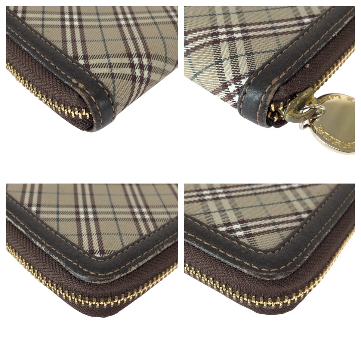 23077
BURBERRY BLUE LABEL バーバリーブルーレーベル チェック柄 ベージュ ブラウン ゴールド金具 ナイロン / レザー 長財布 ロングウォレット レディース ABP5