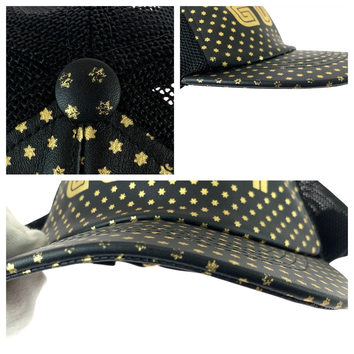 23084
GUCCI グッチ SEGAコラボ ブラック 黒 ゴールド レザー / ナイロン 426887 キャップ 男女兼用 メンズ A28