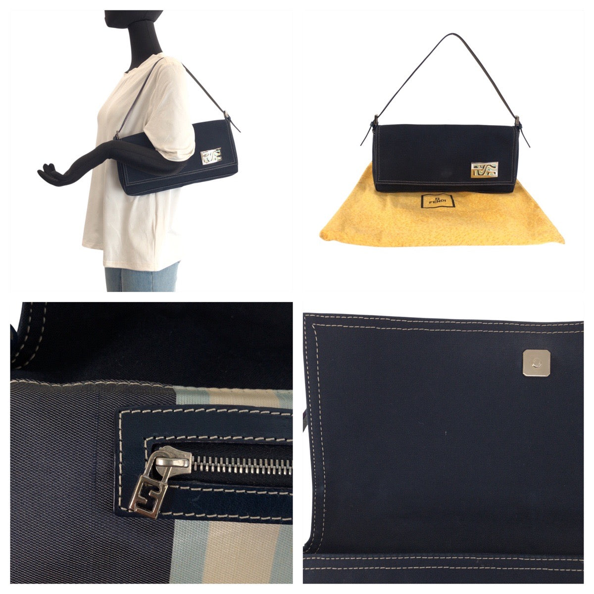 23117
FENDI フェンディ ヴィンテージ ネイビー シルバー金具 キャンバス / レザー 2415 26776 018 ハンドバッグ ショルダーバッグ レディース ABP75