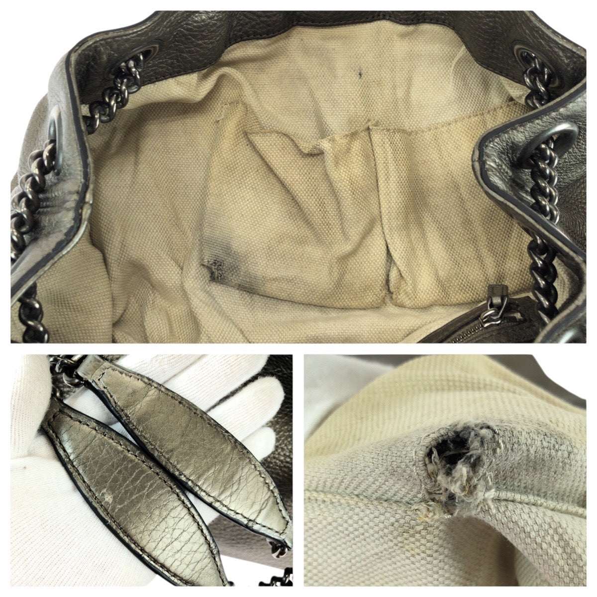 23121
GUCCI グッチ ソーホー タッセル グレー ガンメタ金具 レザー 308982 チェーンショルダーバッグ トートバッグ レディース AB64