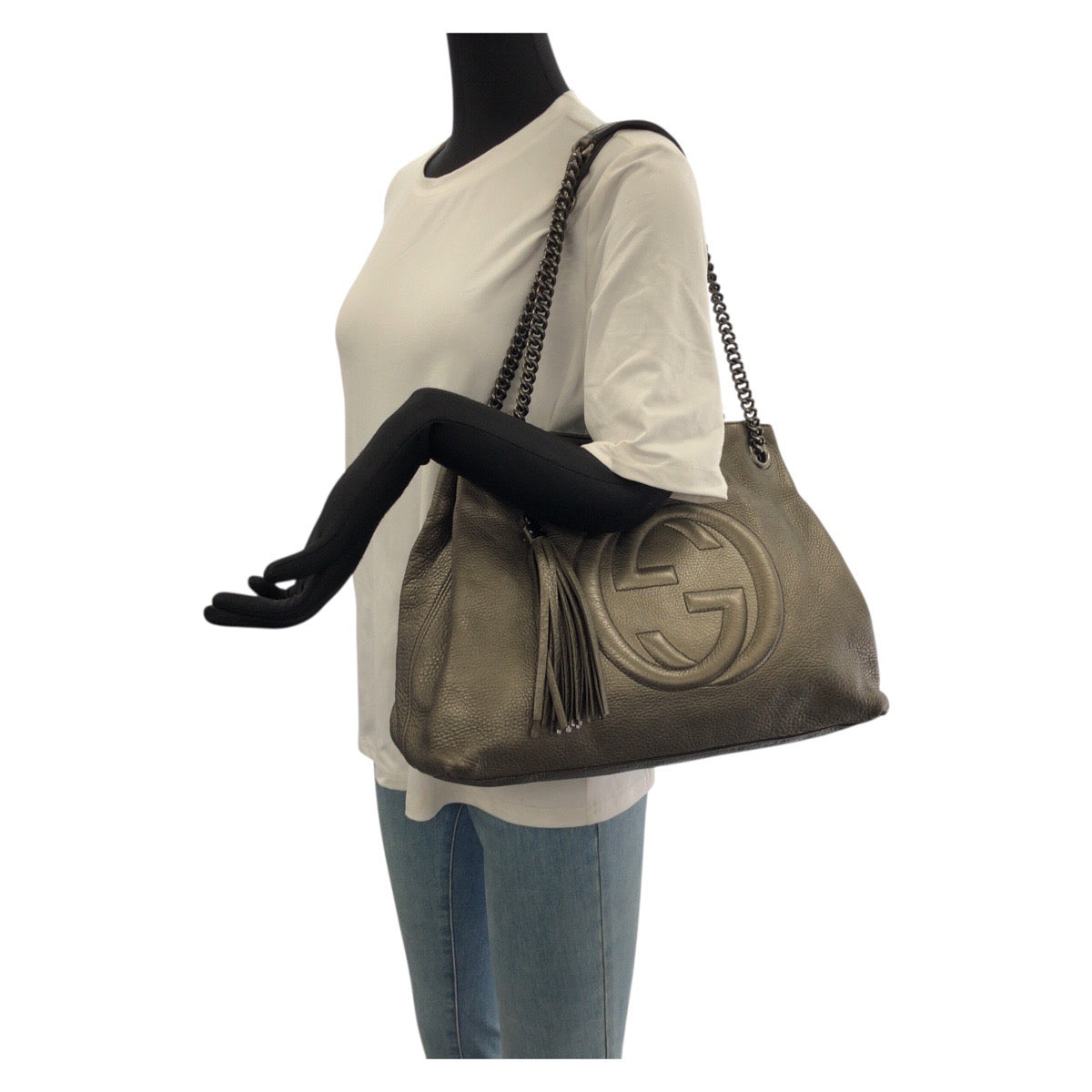 23121
GUCCI グッチ ソーホー タッセル グレー ガンメタ金具 レザー 308982 チェーンショルダーバッグ トートバッグ レディース AB64