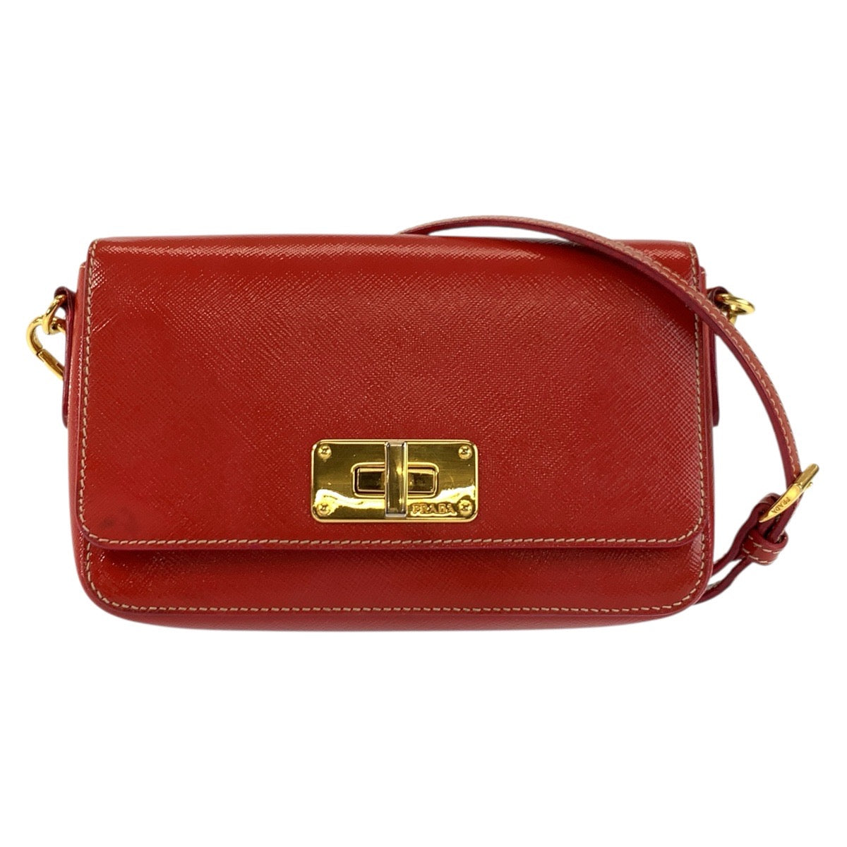 23123
PRADA プラダ サフィアーノ 三角ロゴプレート レッド ゴールド金具 レザー ショルダーバッグ ポシェット レディース AB20