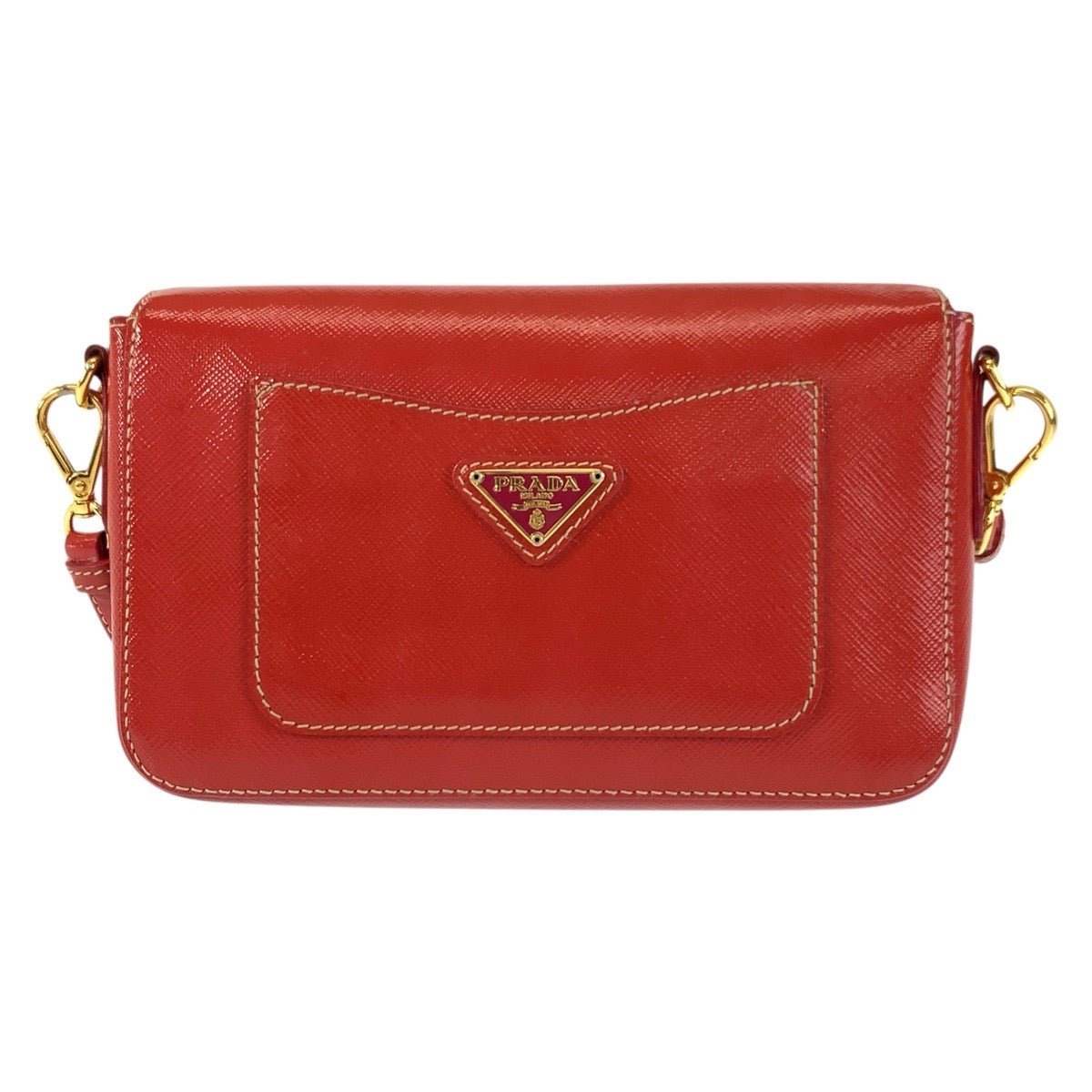 23123
PRADA プラダ サフィアーノ 三角ロゴプレート レッド ゴールド金具 レザー ショルダーバッグ ポシェット レディース AB20