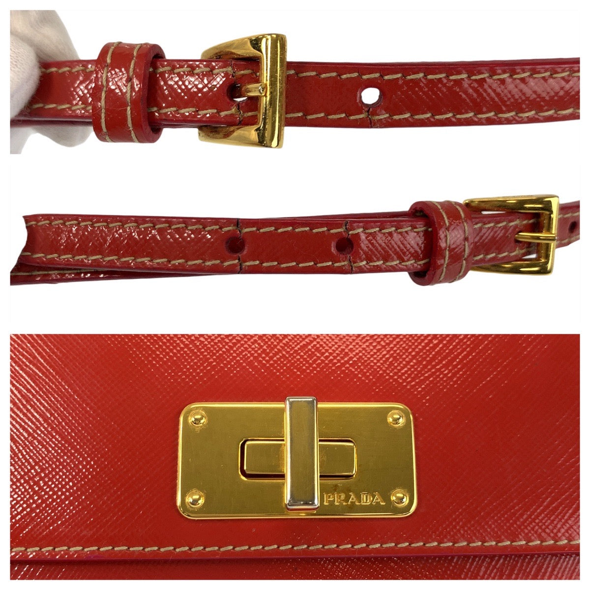 23123
PRADA プラダ サフィアーノ 三角ロゴプレート レッド ゴールド金具 レザー ショルダーバッグ ポシェット レディース AB20