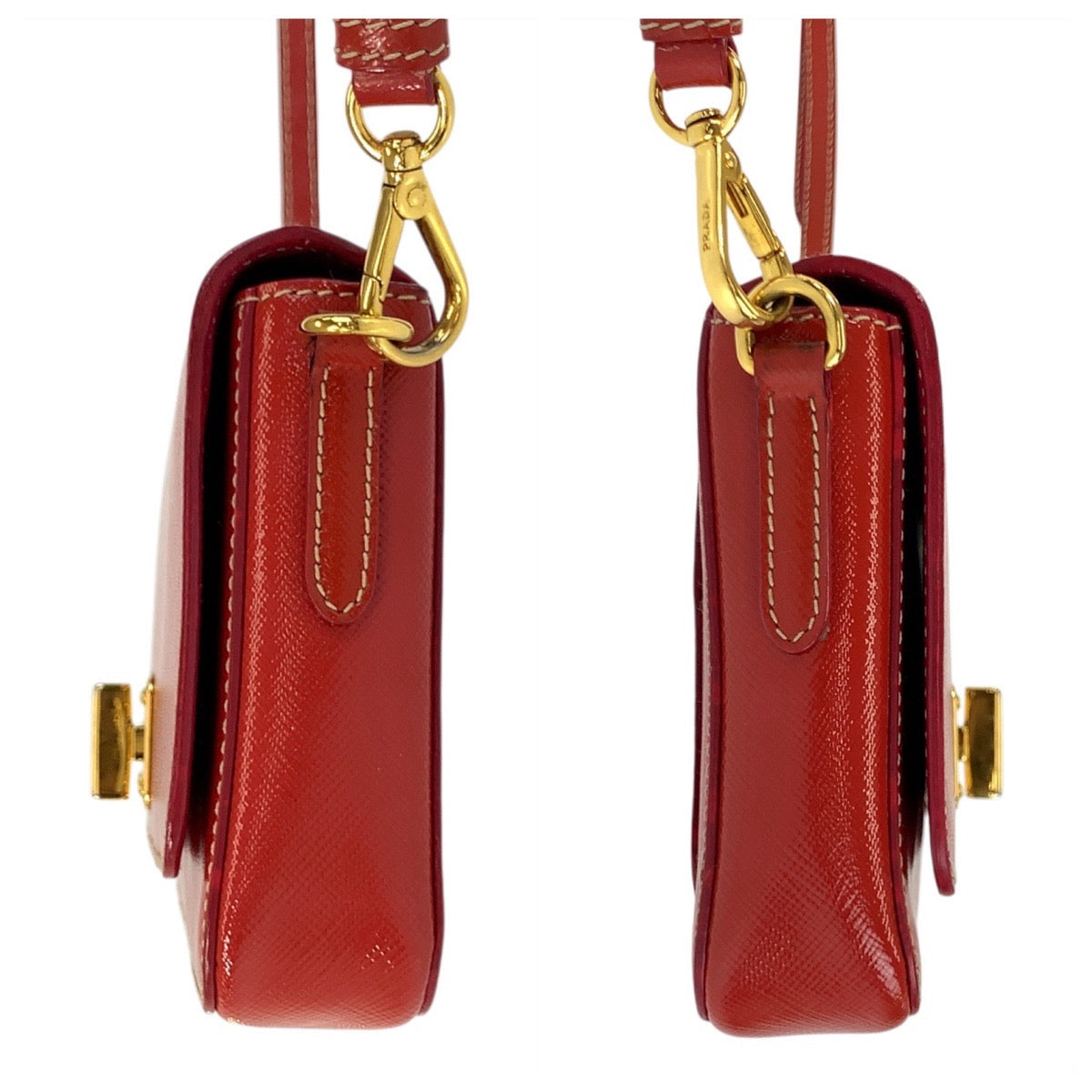 23123
PRADA プラダ サフィアーノ 三角ロゴプレート レッド ゴールド金具 レザー ショルダーバッグ ポシェット レディース AB20