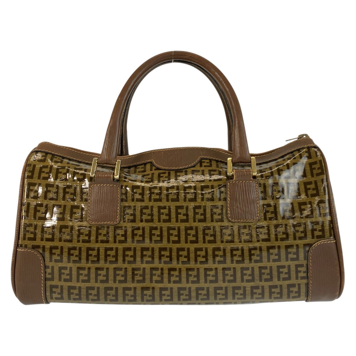 23128
FENDI フェンディ ズッカ ブラウン ゴールド金具 PVC / レザー ハンドバッグ ボストンバッグ レディース AB32