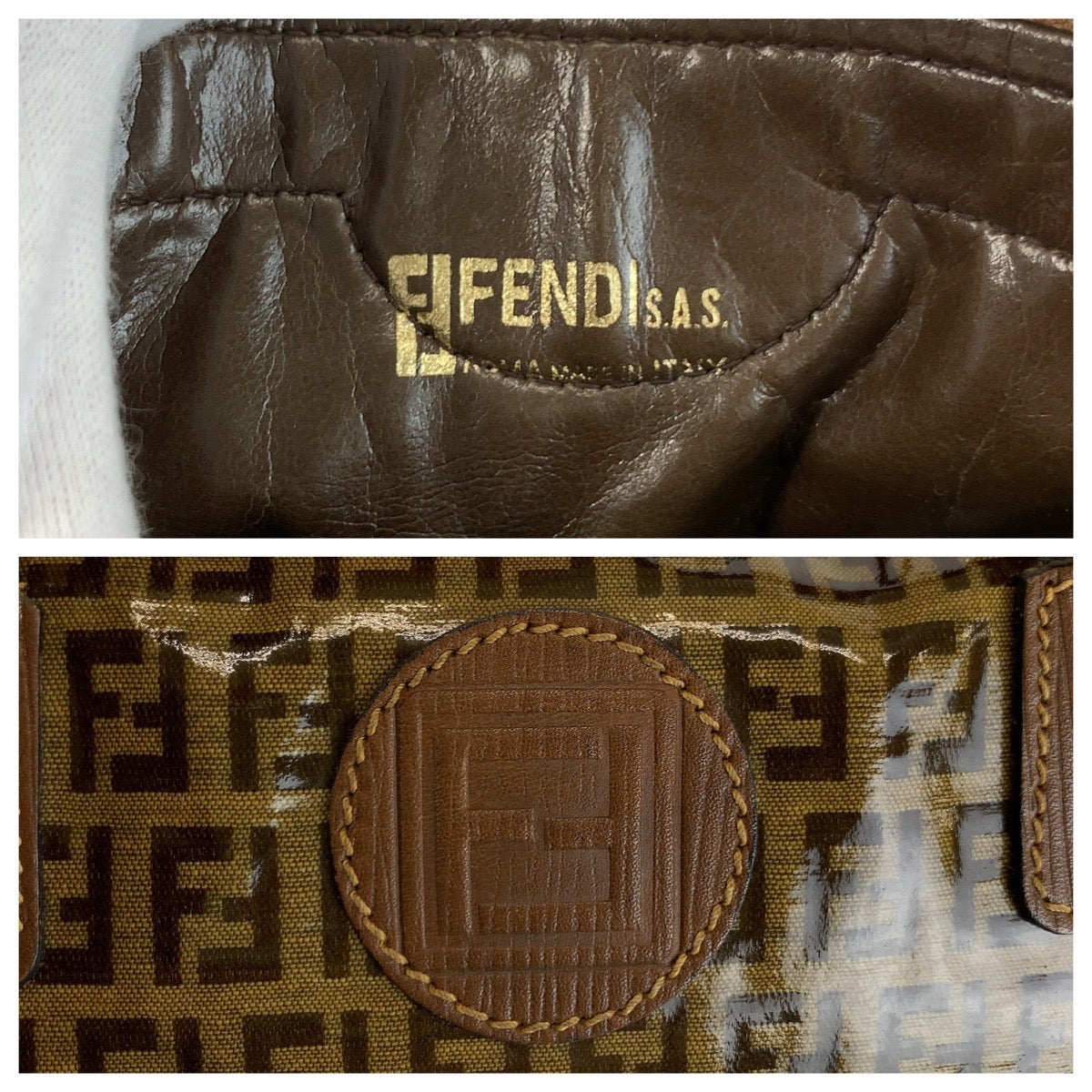 23128
FENDI フェンディ ズッカ ブラウン ゴールド金具 PVC / レザー ハンドバッグ ボストンバッグ レディース AB32